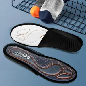 Bona Men General Sneaker Pad High-quality Cushion Shock Relief Breathable Comfortable Foot Pain-relieving Insoles displayed next to a pair of socks on a blue surface.