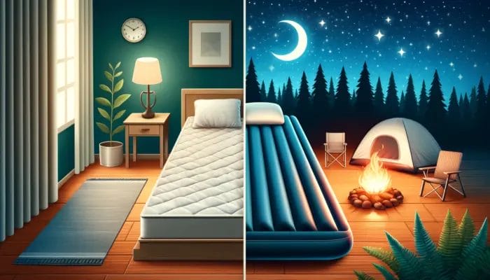 A split illustration comparing an indoor bedroom with a neatly made bed and lamp, to an outdoor camping scene at night featuring an inflatable bed, tent, and campfire under a starry sky.
