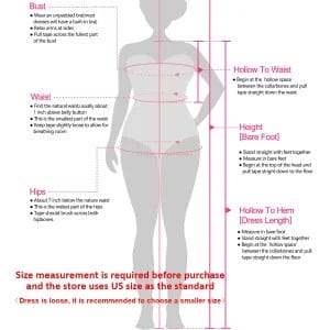 Diagram showing how to measure bust, waist, hips, hollow to waist, hollow to floor, and hollow to hem on a woman’s body, with measurement instructions in pink text.